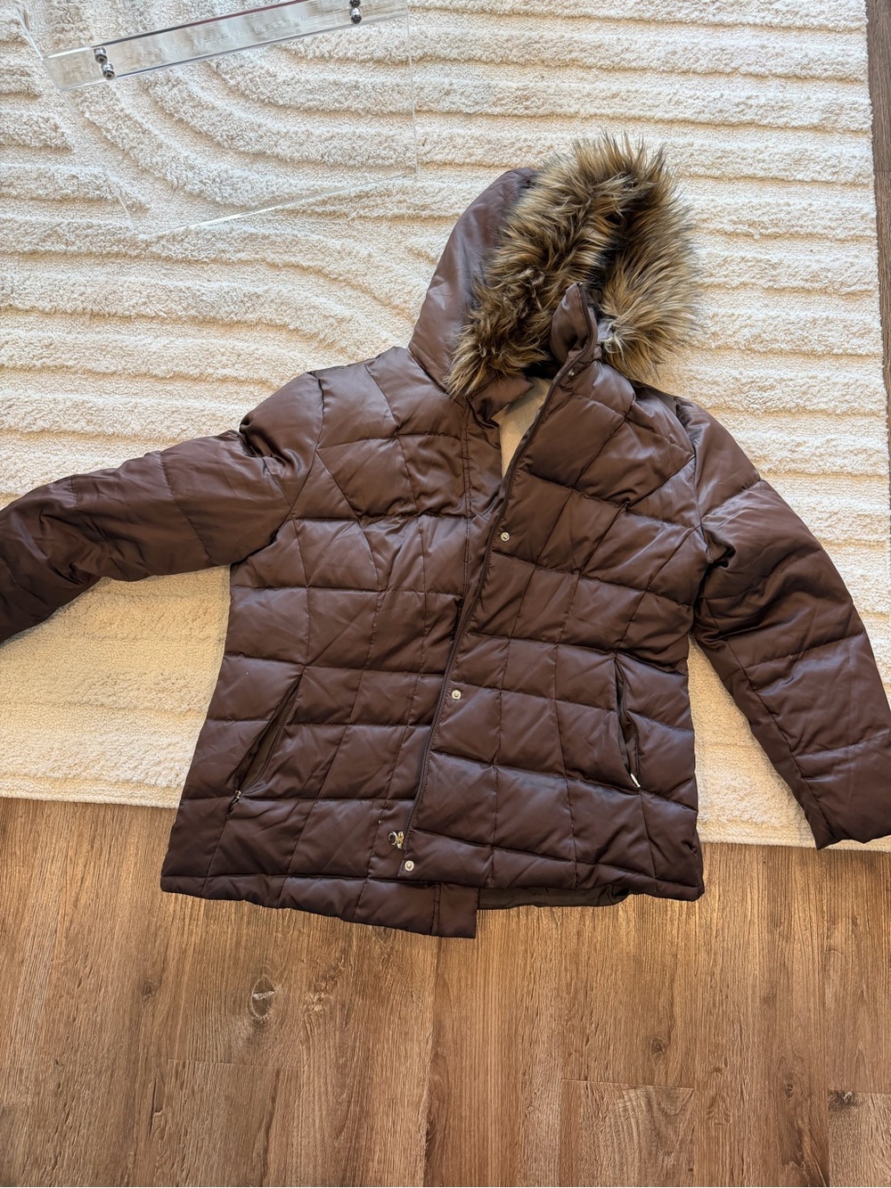 Women's Quilted Hooded Jacket with Faux Fur Trim Brown - Calvin Klein - Size 1X